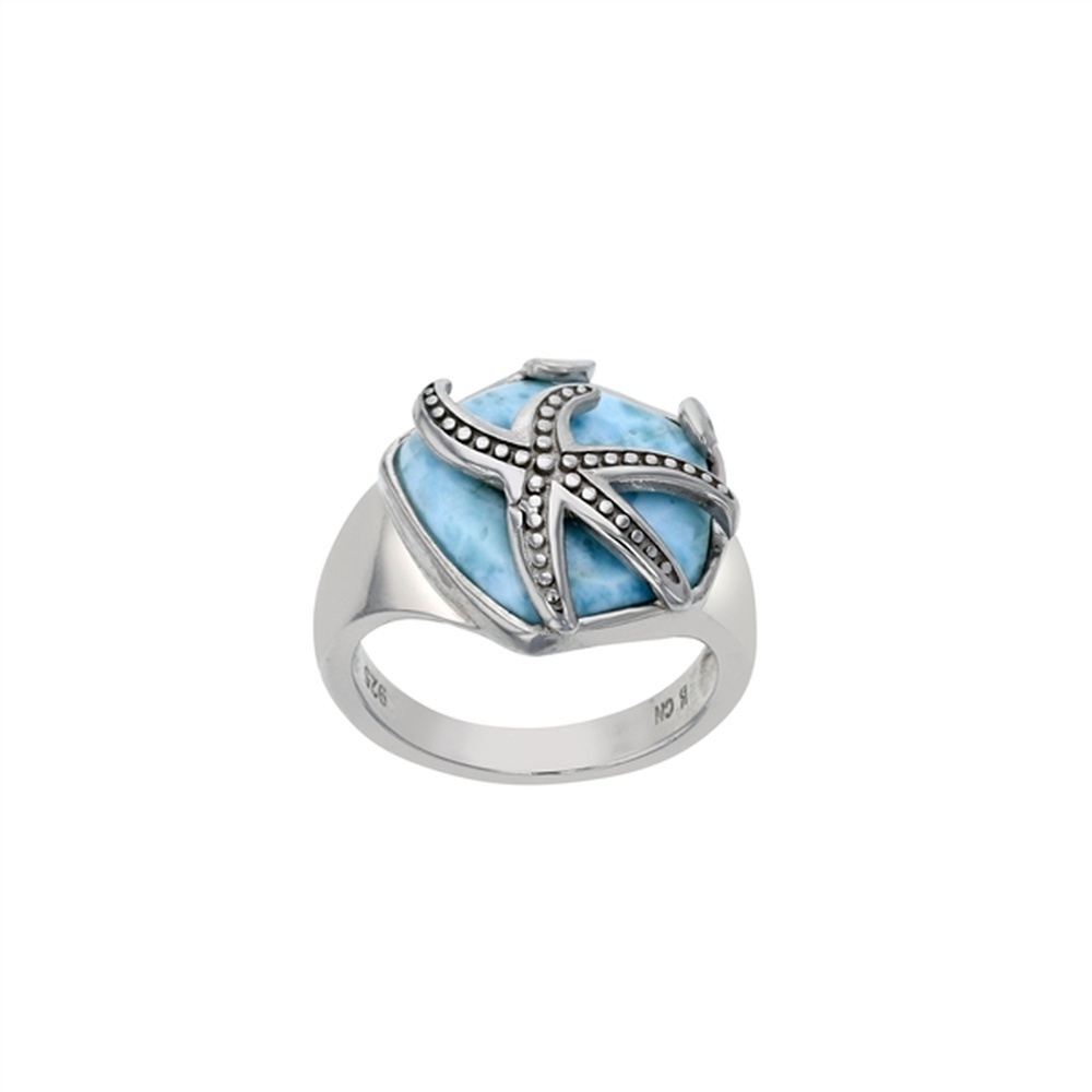 925 Sterling Silver Larimar Pentagon Shape w Dotted Starfish Overlay Ring
